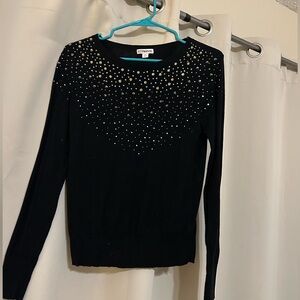 Long sleeve black sweater w/ rhinestone neckline
